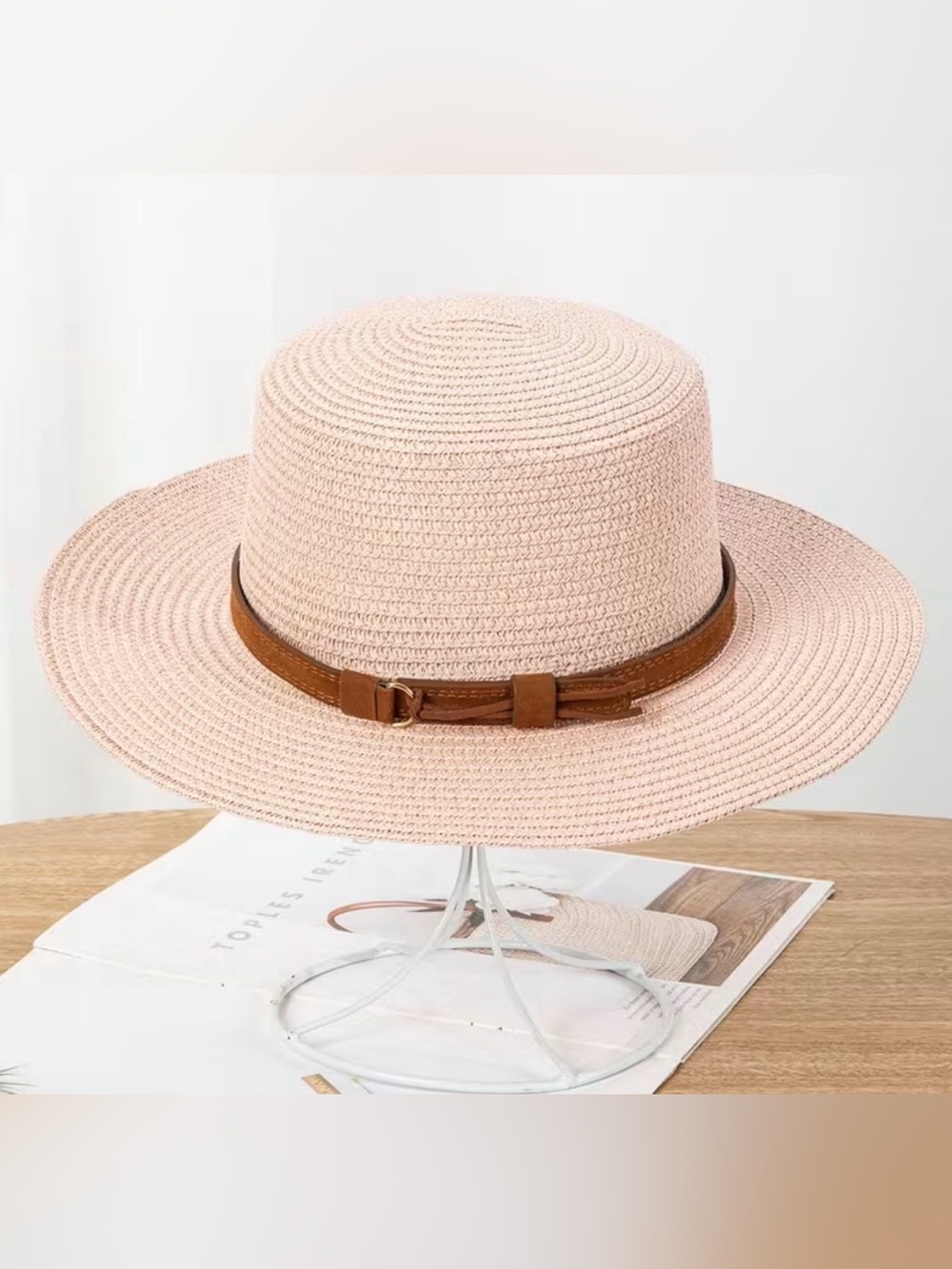 Blush Pink Straw Sun Hat with Brown Accent Band